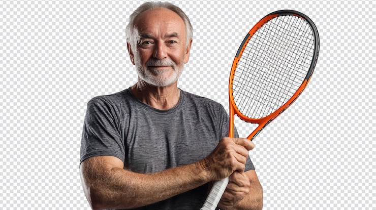 PSD un hombre mayor vestido con ropa deportiva que demuestra un estilo de vida saludable mientras sostiene una raqueta de tenis ideal para artículos sobre deportes de fitness o bienestar de personas mayores