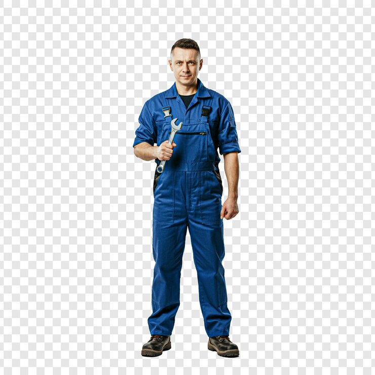 hombre mecánico con trajes azules aislados en un fondo transparente