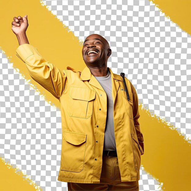 PSD un hombre de mediana edad con cabello corto de la etnia africana vestido con atuendo de paramédico posa en un estilo de pie con los brazos levantados contra un fondo amarillo pastel