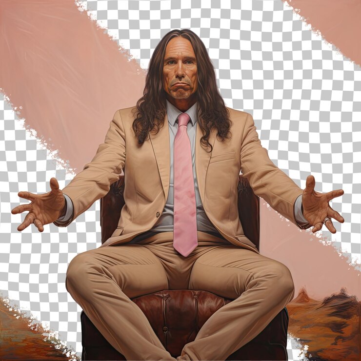 PSD un hombre de mediana edad desconcertado con cabello largo de la etnia aborigen australiana vestido con ropa de político posa en un estilo sentado con una mano levantada contra un fondo beige pastel