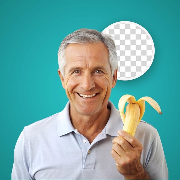 Hombre de mediana edad sobre fondo blanco aislado sosteniendo un plátano