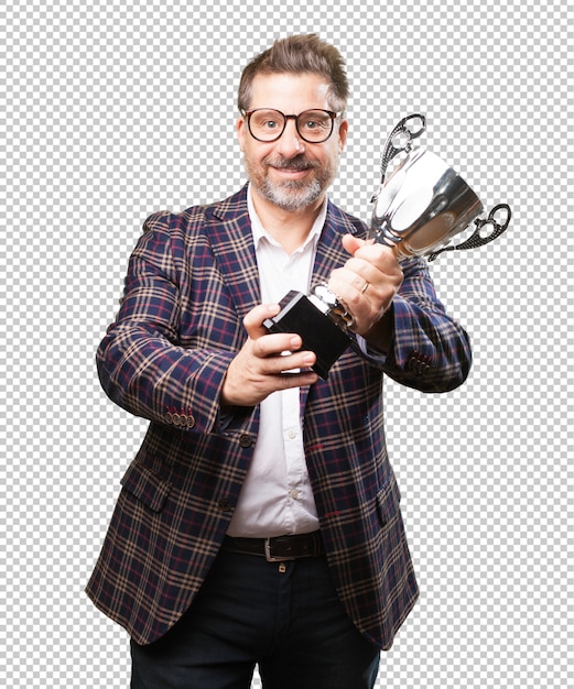 PSD hombre de mediana edad sosteniendo un trofeo
