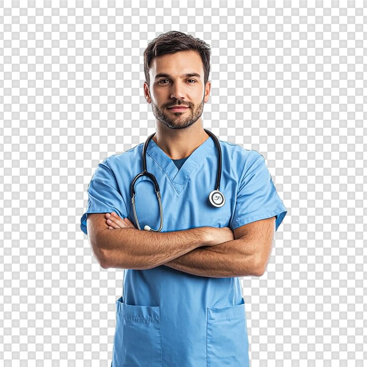 PSD hombre médico en uniforme azul aislado en fondo transparente
