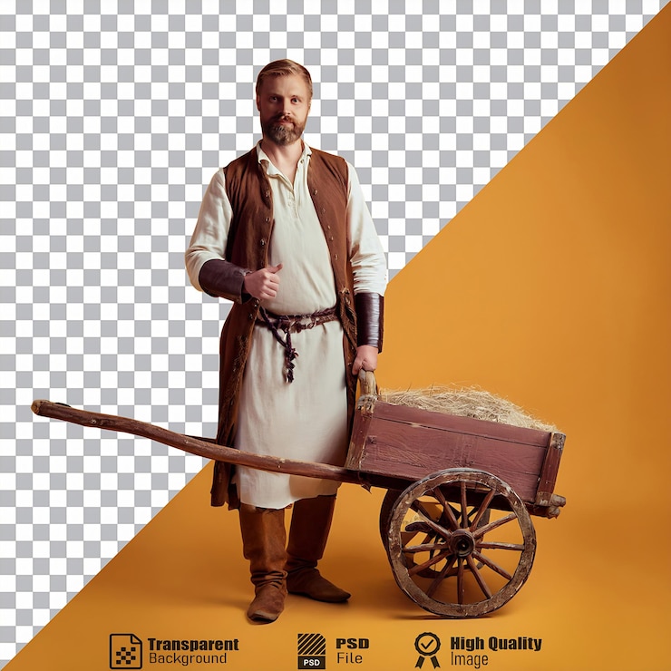 PSD hombre medieval en traje de época dando pulgares con una carretilla de heno