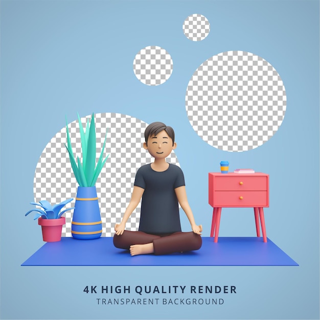 PSD hombre meditando y haciendo yoga en casa quédate en casa ilustración 3d de alta calidad