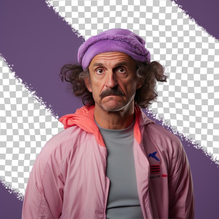 PSD un hombre melancólico de mediana edad con cabello retorcido de la etnia urálica vestido con atuendo de maratón de carrera posa en un estilo de mirada a través de un accesorio como un sombrero contra un fondo de lavanda pastel