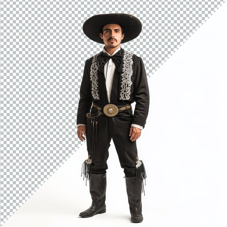 PSD un hombre mexicano con un traje tradicional de charro con sorprendentes botas negras posa para una vitrina cultural un hombre mexicano usa un traje de charro y una bota negra aislada sobre un fondo transparente