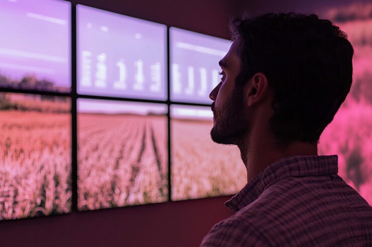 PSD hombre mirando pantallas grandes que muestran datos agrícolas