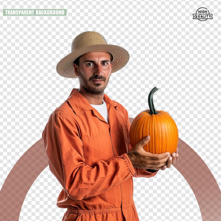 PSD un hombre en un mono naranja sostiene una calabaza
