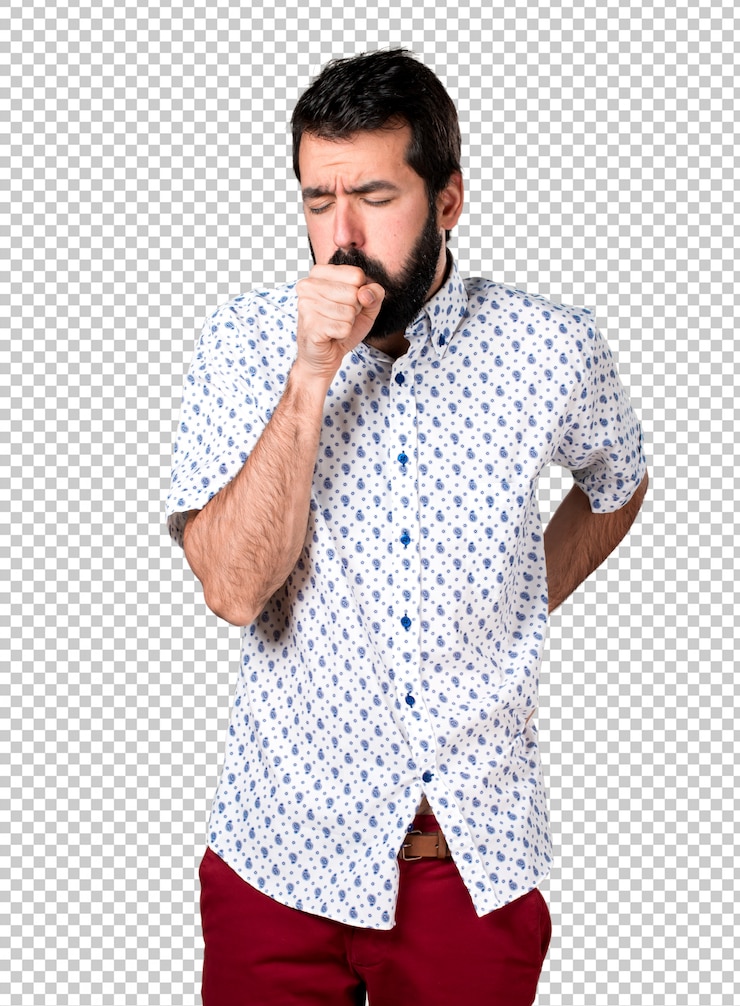 PSD hombre morena guapo con barba tosiendo mucho