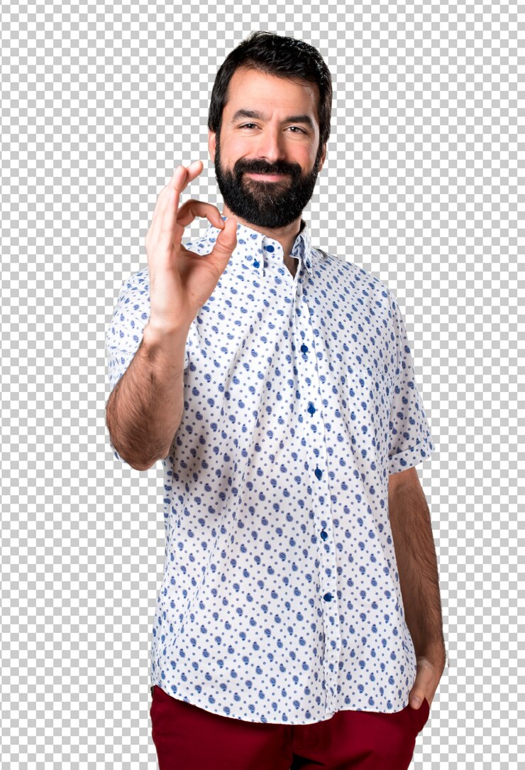 PSD hombre moreno hermoso con la barba que hace la muestra aceptable