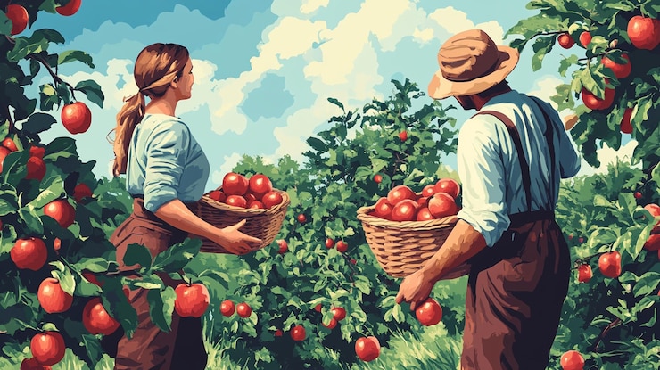PSD un hombre y una mujer cosechan manzanas rojas maduras en un frutal exuberante en un día soleado