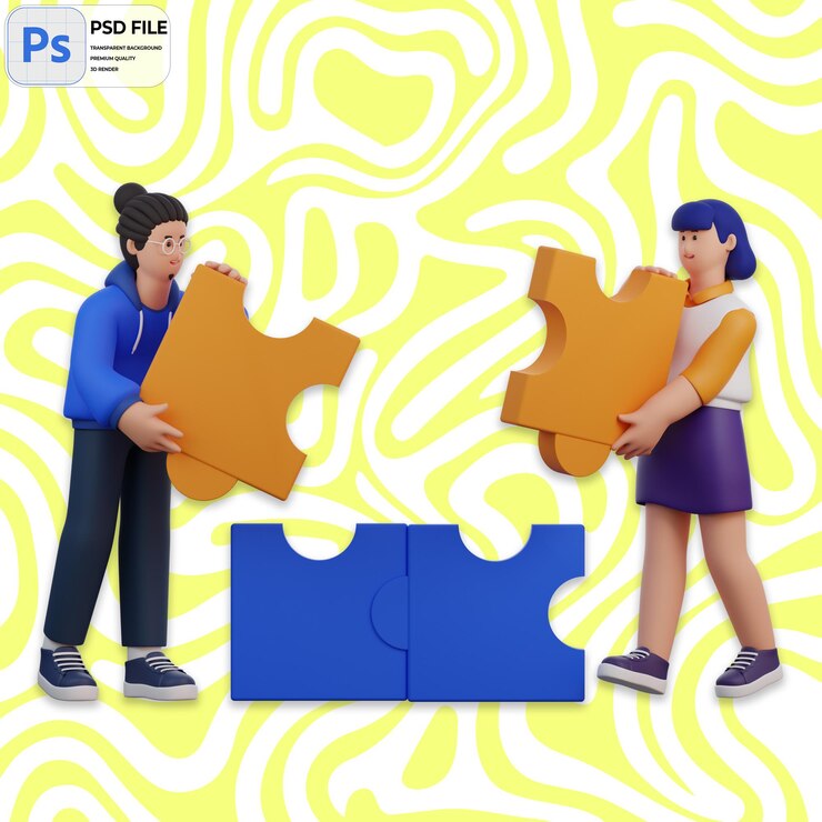 PSD hombre y mujer ensamblando rompecabezas en 3d render icon aislado ilustración png plantilla psd