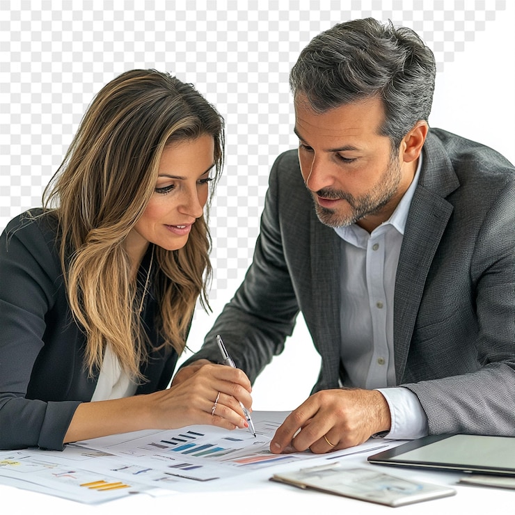 PSD un hombre y una mujer están mirando un gráfico que dice "datos financieros"