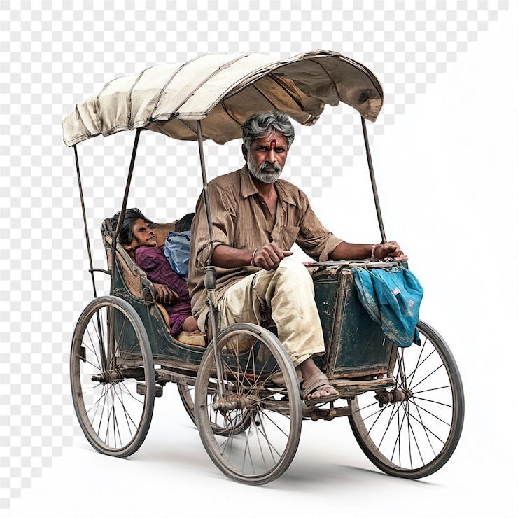 PSD un hombre y una mujer están montando un rickshaw
