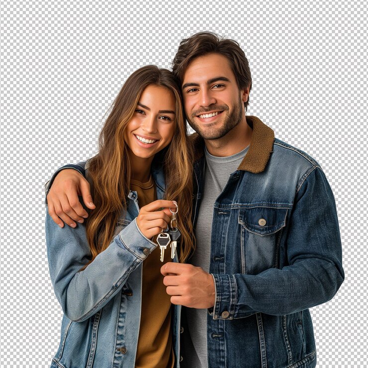 PSD un hombre y una mujer están posando con llaves y un llavero