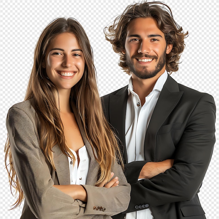 PSD un hombre y una mujer están sonriendo y usando un traje gris