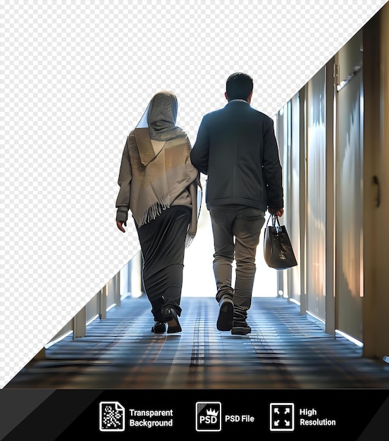 PSD hombre y mujer impresionantes caminando por el pasillo con las espaldas a la cámara pasando por paredes blancas y techo con pantalones y zapatos negros y llevando una bolsa marrón png psd