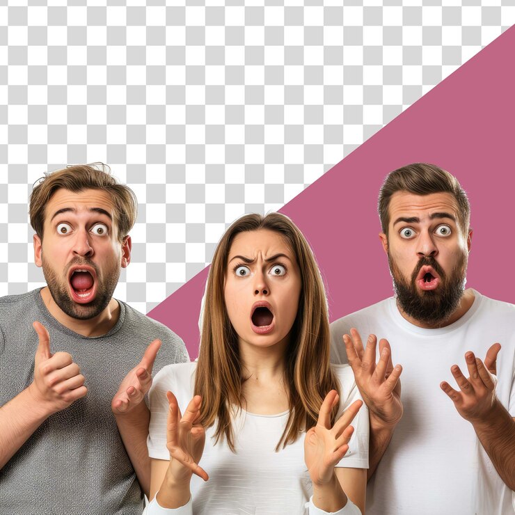 PSD un hombre y una mujer con una mirada sorprendida en su cara y fondo transparente