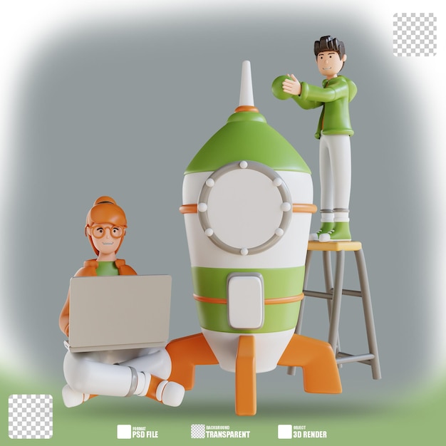 Hombre y mujer de negocios de ilustración 3D con lanzamiento de cohetes