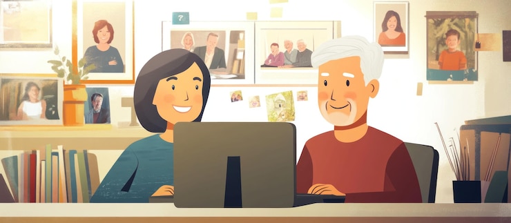 PSD hombre y mujer senior, usar la computadora portátil, juntos
