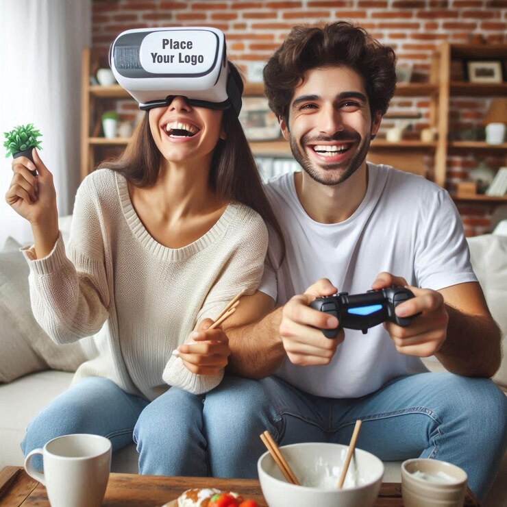 PSD hombre y mujer sonrientes que se divierten en casa con casco de realidad virtual