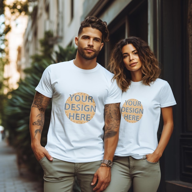 Hombre y mujer vistiendo maqueta de camiseta blanca