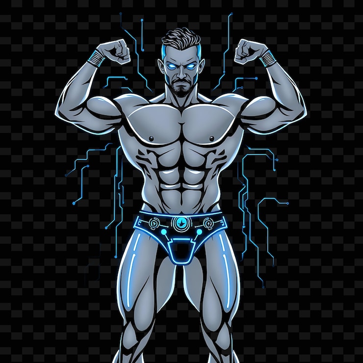 PSD hombre musculoso en calzoncillos diseño de arte futurista de neón con tema de neón azul y plata decorado con cir