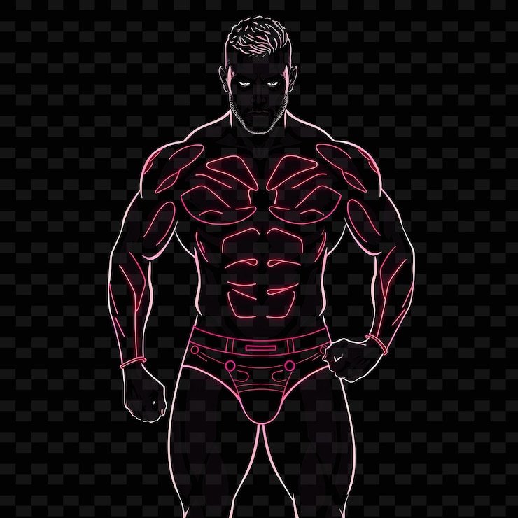 PSD hombre musculoso en calzoncillos neon techwear diseño artístico con colores oscuros tema decorado con techwear patte