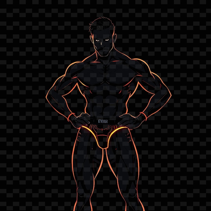 PSD hombre musculoso en calzoncillos neon techwear diseño artístico con colores oscuros tema decorado con techwear patte