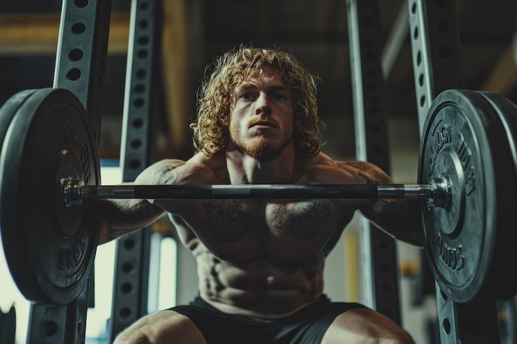 PSD hombre musculoso en cuclillas con barra en el gimnasio