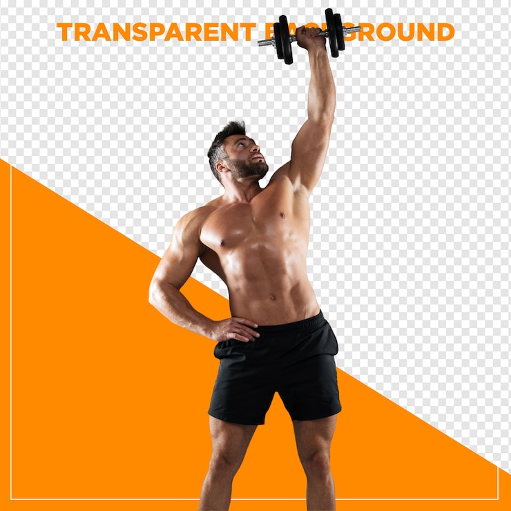 PSD hombre musculoso levantando pesas en el gimnasio con fondo transparente