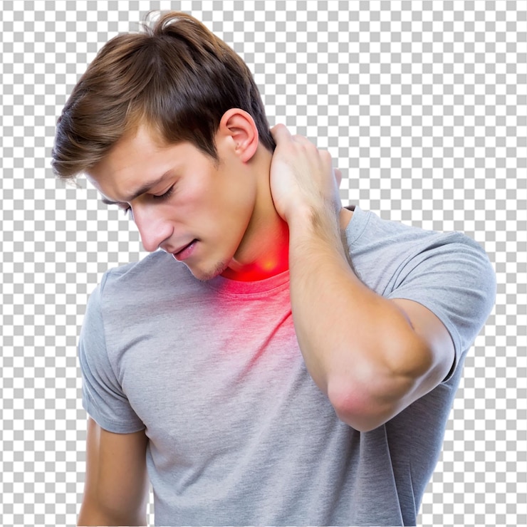 PSD el hombre musculoso usa mangos en el cuello para aliviar el dolor