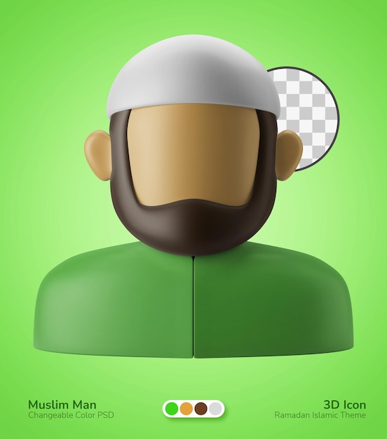 Hombre musulmán barbudo avatar cabeza retrato personaje 3d icono ilustración ramadán tema islámico