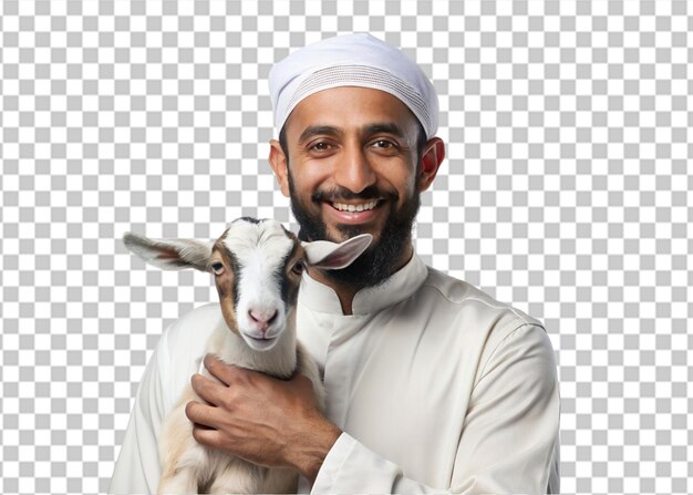 PSD hombre musulmán con una cabra aislada sobre un fondo transparente
