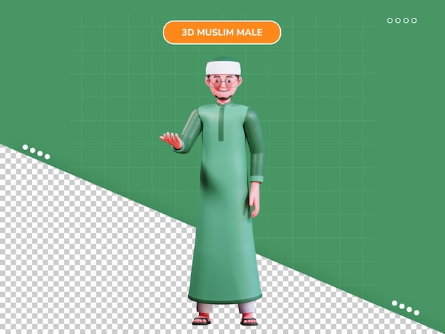 Hombre musulmán de personaje 3d con pose actual de ropa verde