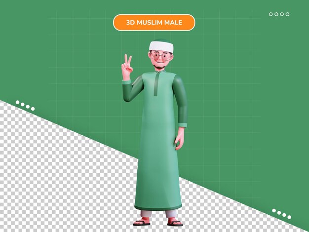 Hombre musulmán de personaje 3d con pose de paz de ropa verde