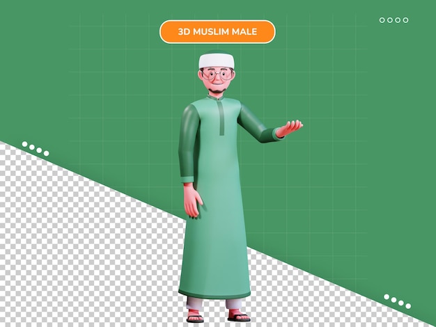 Hombre musulmán de personaje 3d con ropa verde a la izquierda explicando pose