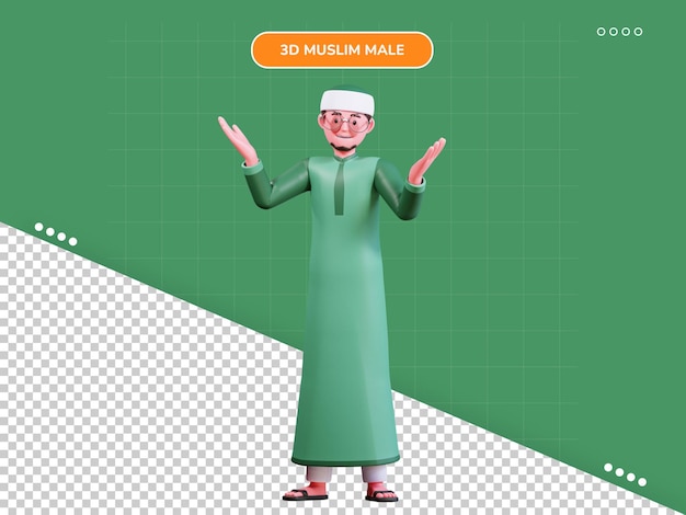 Hombre musulmán de personaje 3d con ropa verde por qué posar