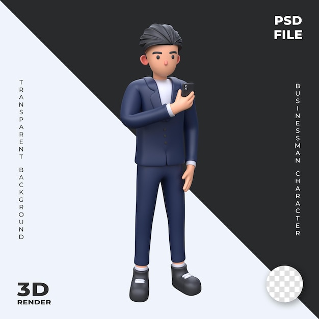 PSD hombre de negocios 3d que usa el concepto de negocio de ilustración de personaje de dibujos animados de teléfono