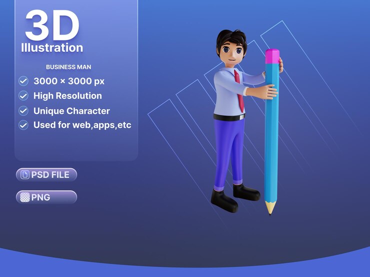 PSD hombre de negocios de carácter 3d con lápiz único