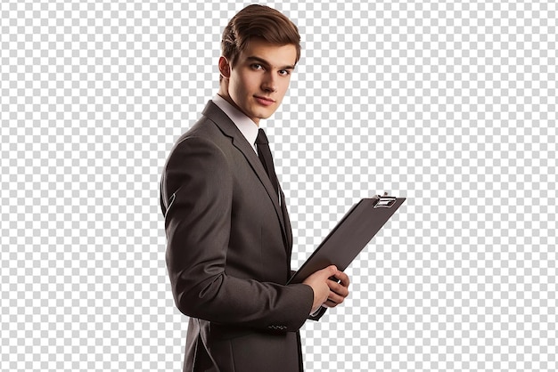 PSD hombre de negocios con un clipboard en un fondo blanco aislado