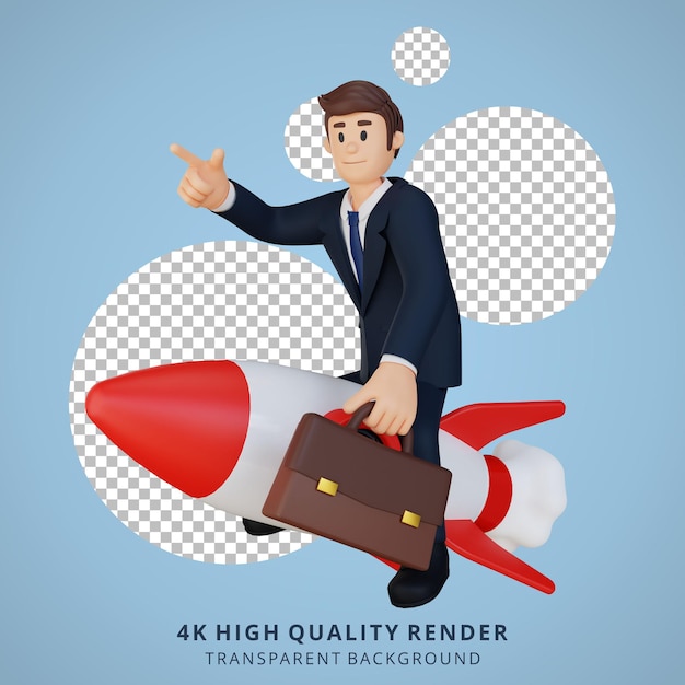 Hombre de negocios en un cohete Ilustración de personajes en 3D
