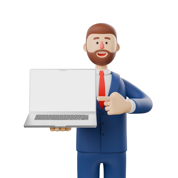 Hombre de negocios con una computadora portátil y señalando con el dedo