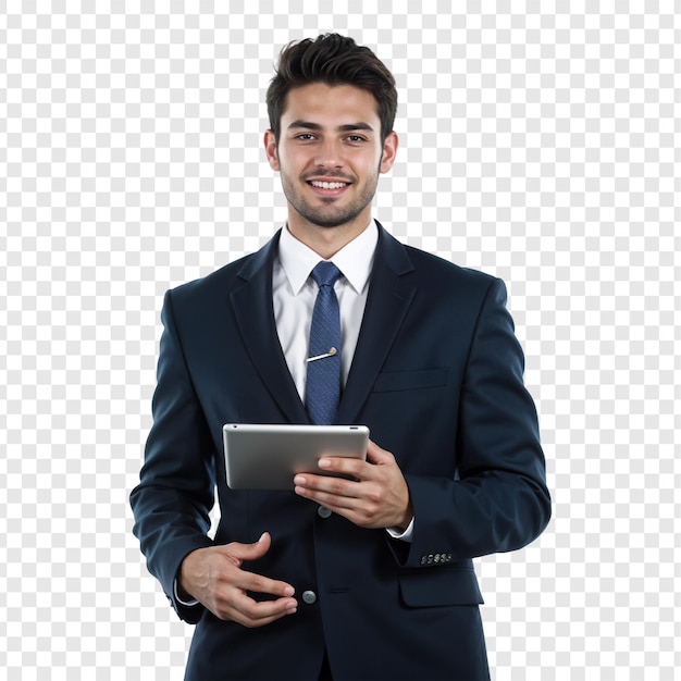 Un hombre de negocios confiado con una tableta