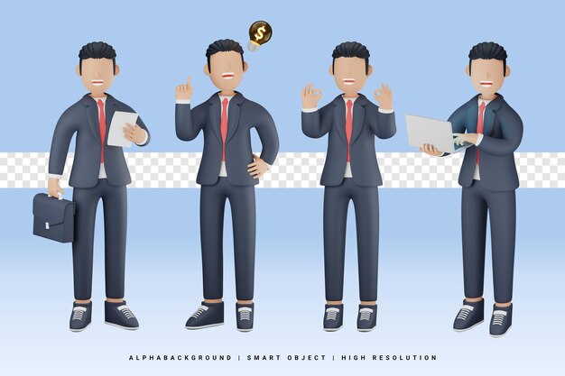 hombre de negocios, con, diferente, gestos, 3d, carácter, ilustración