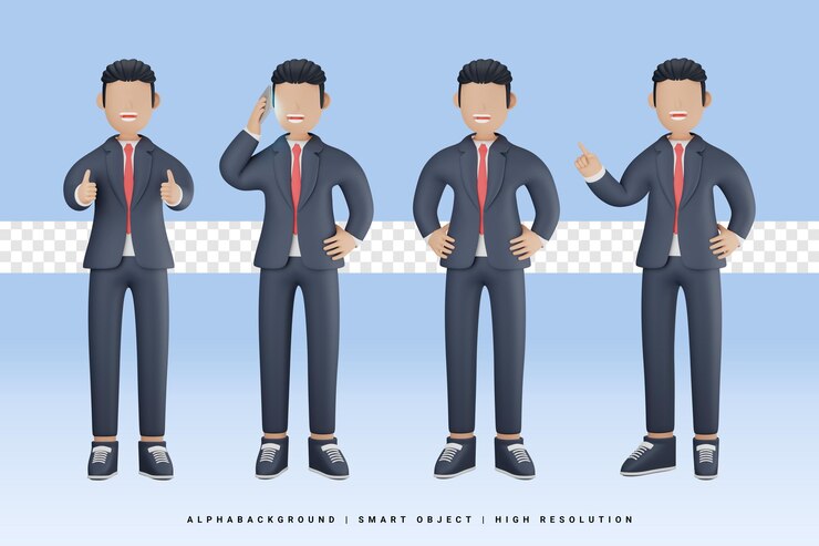 PSD hombre de negocios, con, diferente, gestos, 3d, carácter, ilustración
