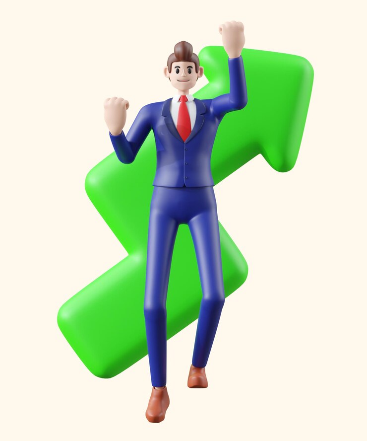 PSD hombre de negocios feliz con una buena ganancia ilustración 3d de dibujos animados lindo sonriendo aislado en fondo blanco