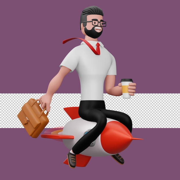 Hombre de negocios feliz en un cohete con representación 3d de taza de café
