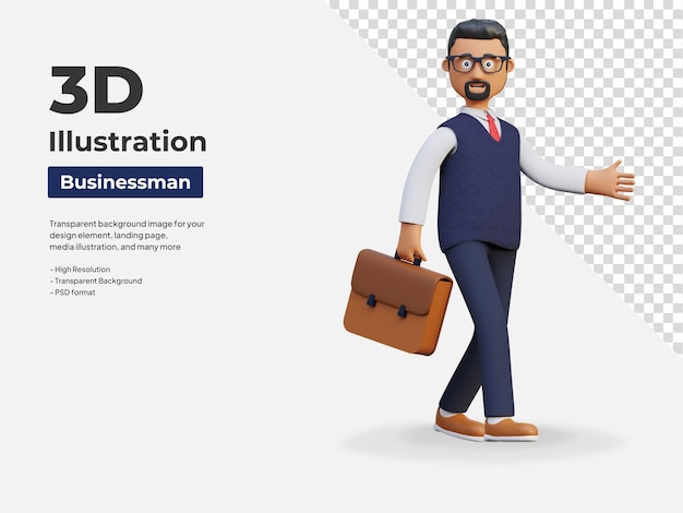 Hombre de negocios feliz llevando maleta mientras camina ilustración de personaje 3d